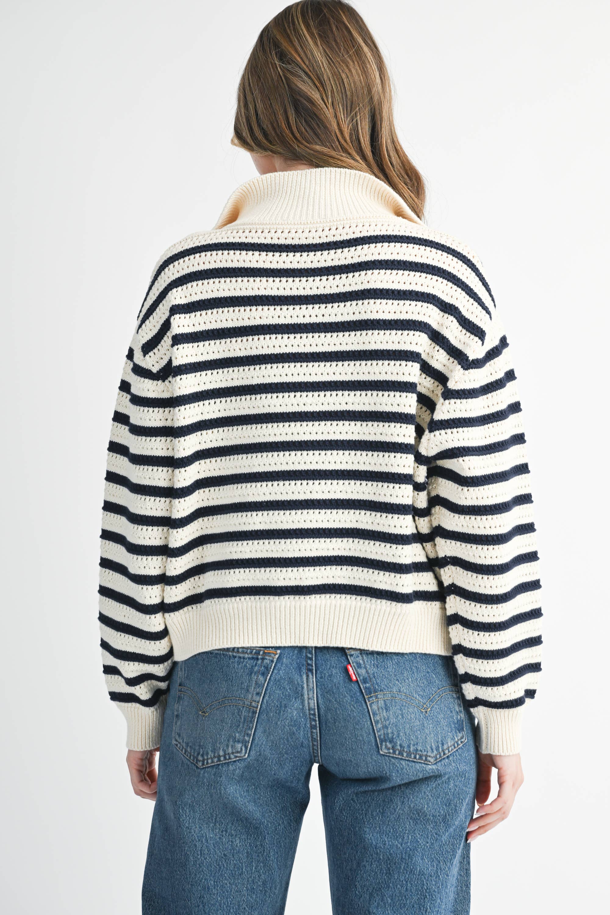 Half-Zip Pointelle Stripe Sweater