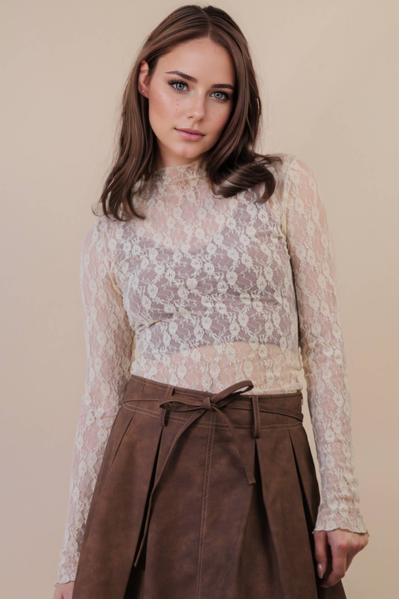 Mesh Lace Knit Top Champagne