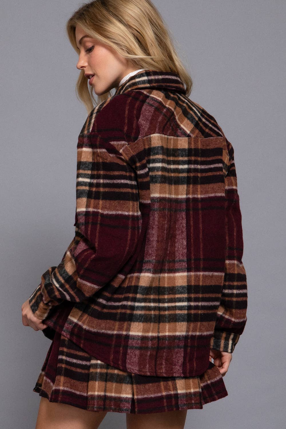 Luxe Plaid Wool Jacket Burgundy