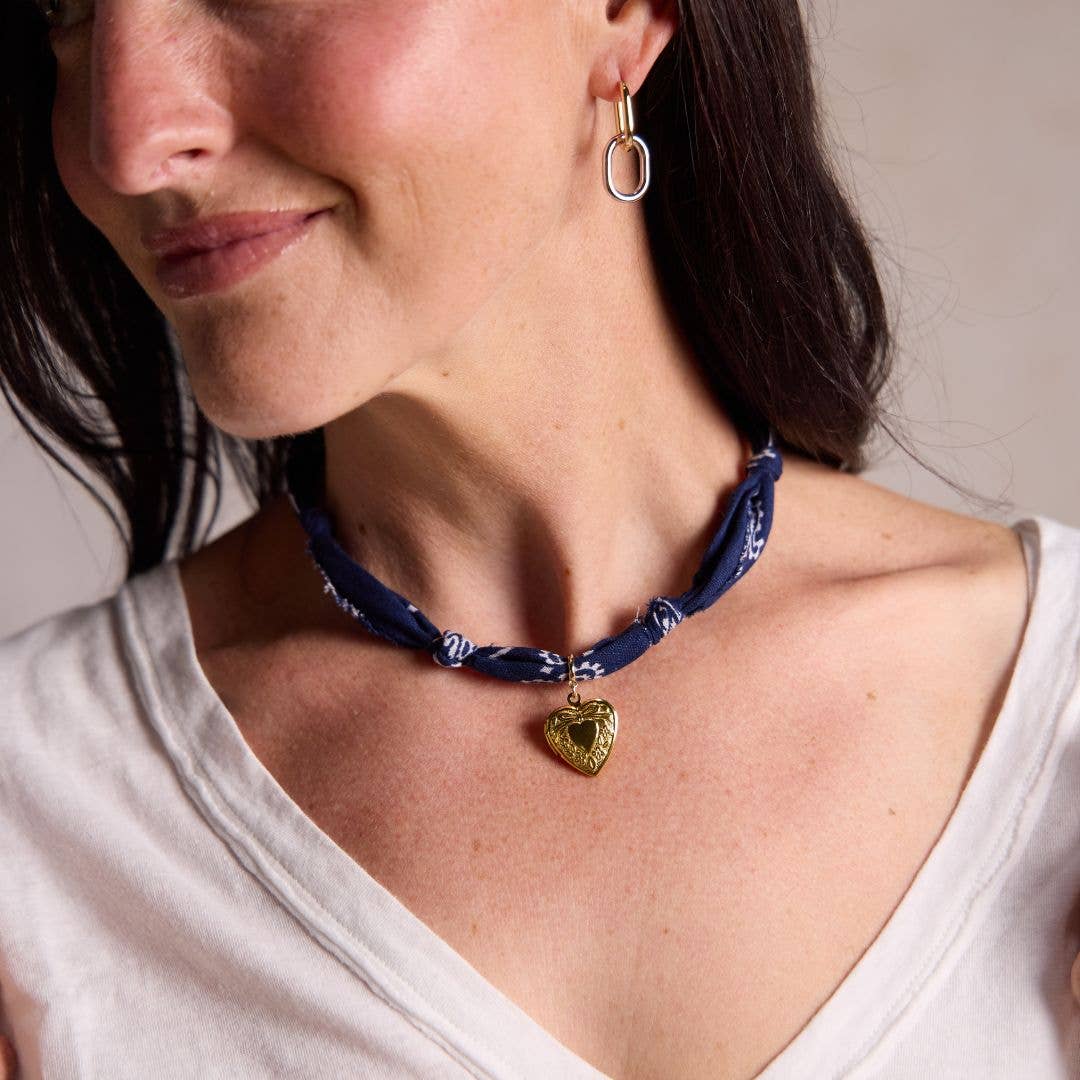 Navy Bandana Necklace: Gold Sunburst Heart Charm / Navy