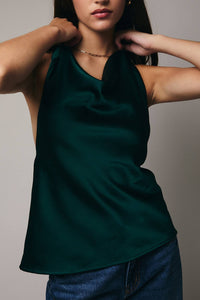 HIGH COWL NECK HALTER SATIN TOP: HUNTER GREEN