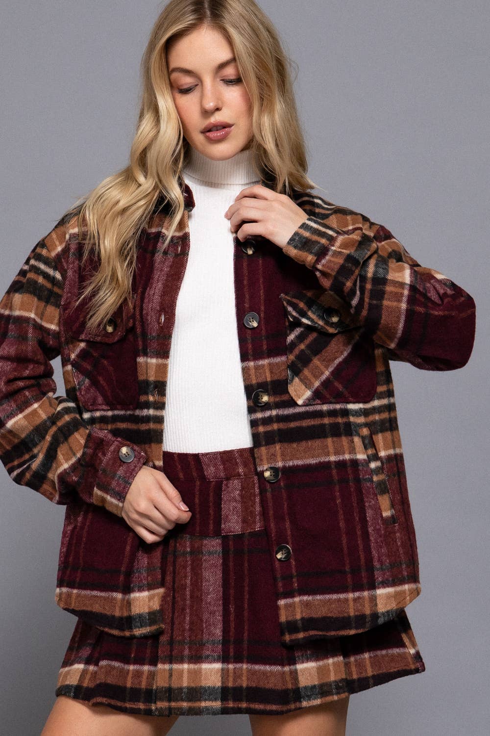 Luxe Plaid Wool Jacket Burgundy