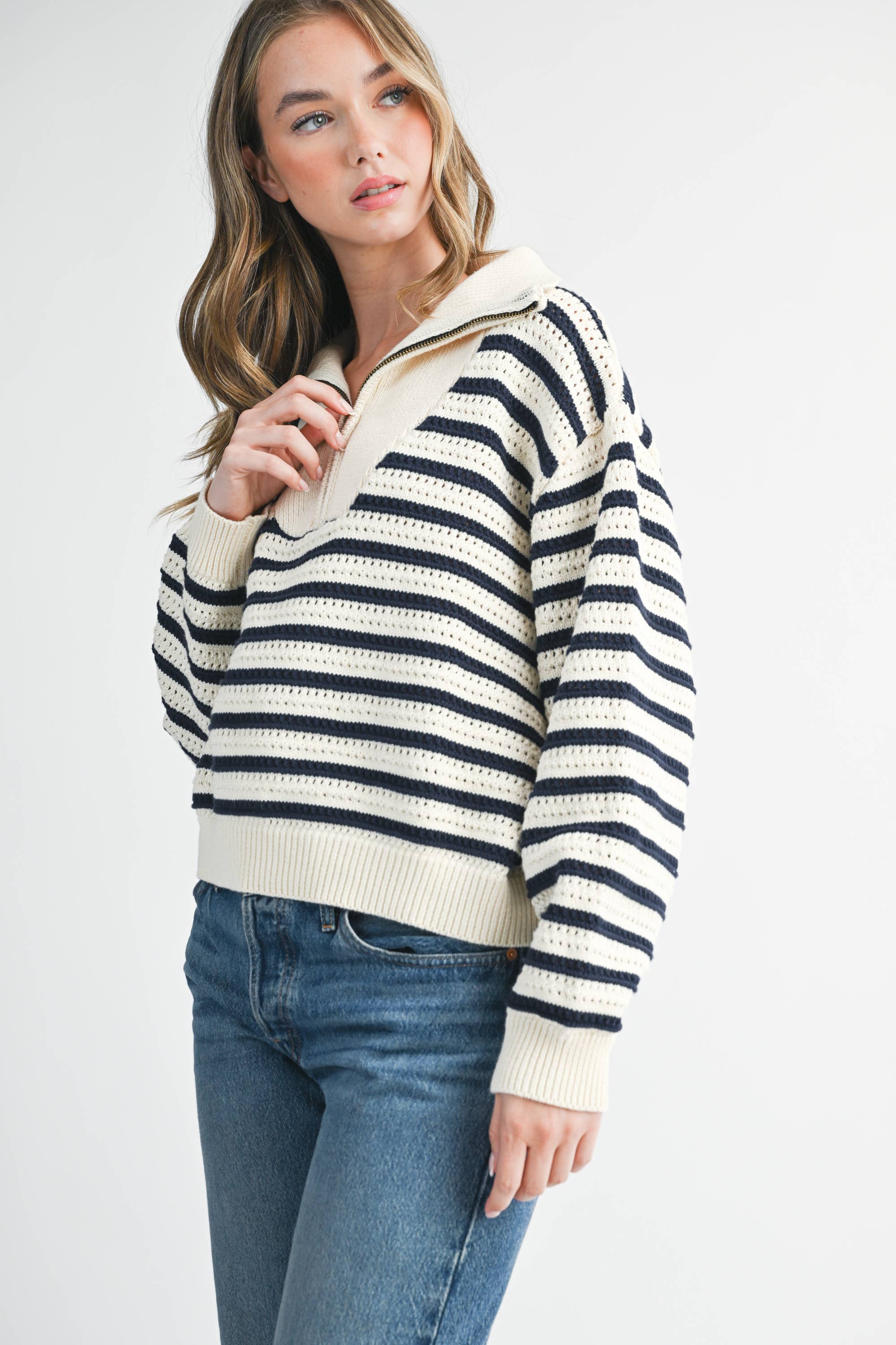 Half-Zip Pointelle Stripe Sweater