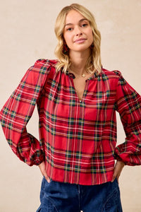 Christmas Plaid Balloon Sleeves Ruffled V-neck Top