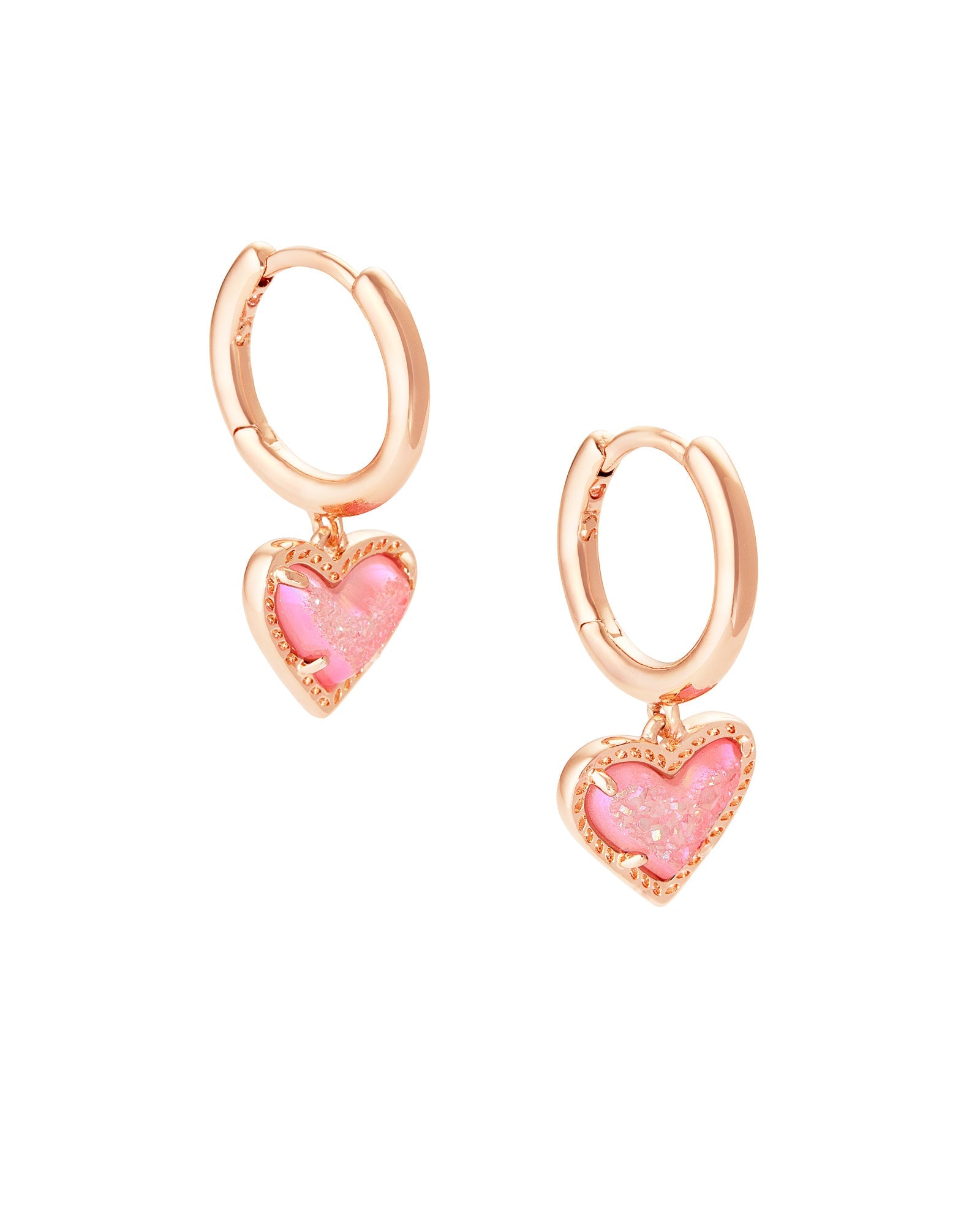 Ari Heart Huggie Earrings in Rose Gold Pink Drusy