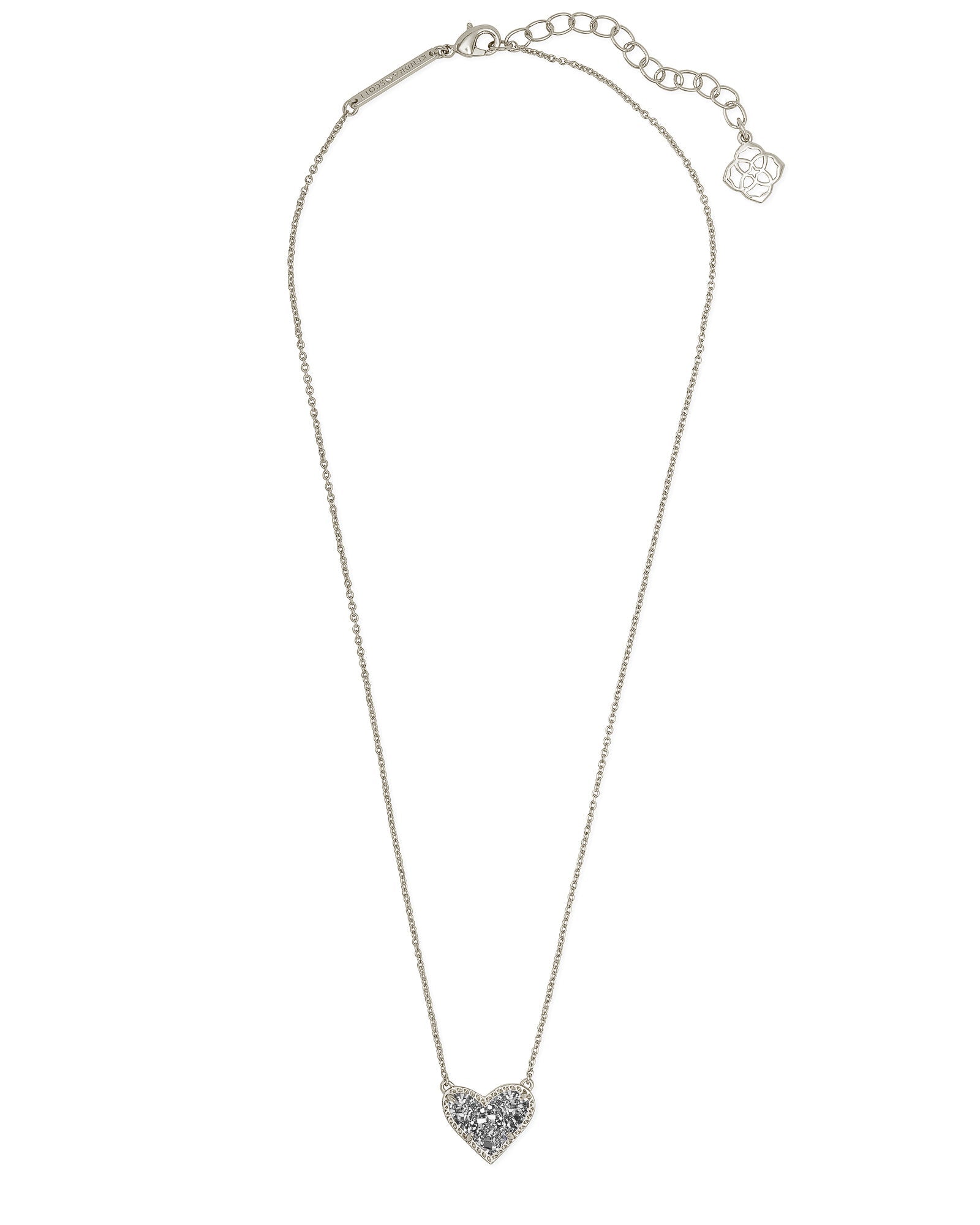 Ari Heart Short Pendant Necklace in Rhodium Platinum Drusy