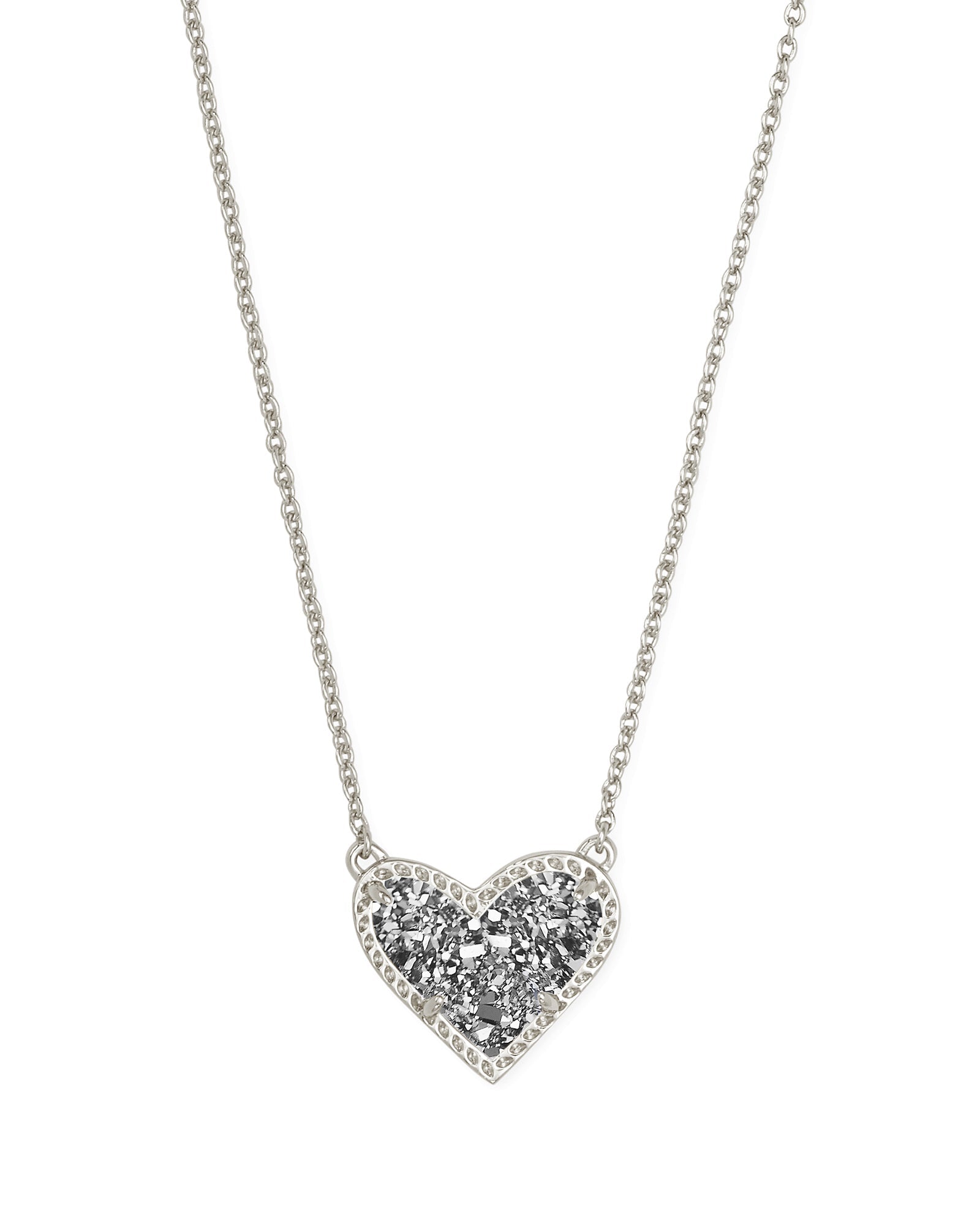 Ari Heart Short Pendant Necklace in Rhodium Platinum Drusy