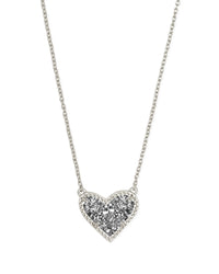 Ari Heart Short Pendant Necklace in Rhodium Platinum Drusy
