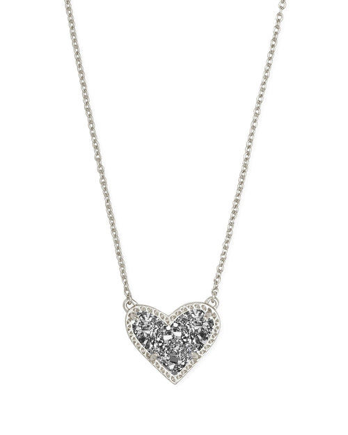Ari Heart Short Pendant Necklace in Rhodium Platinum Drusy - Sugar Co.