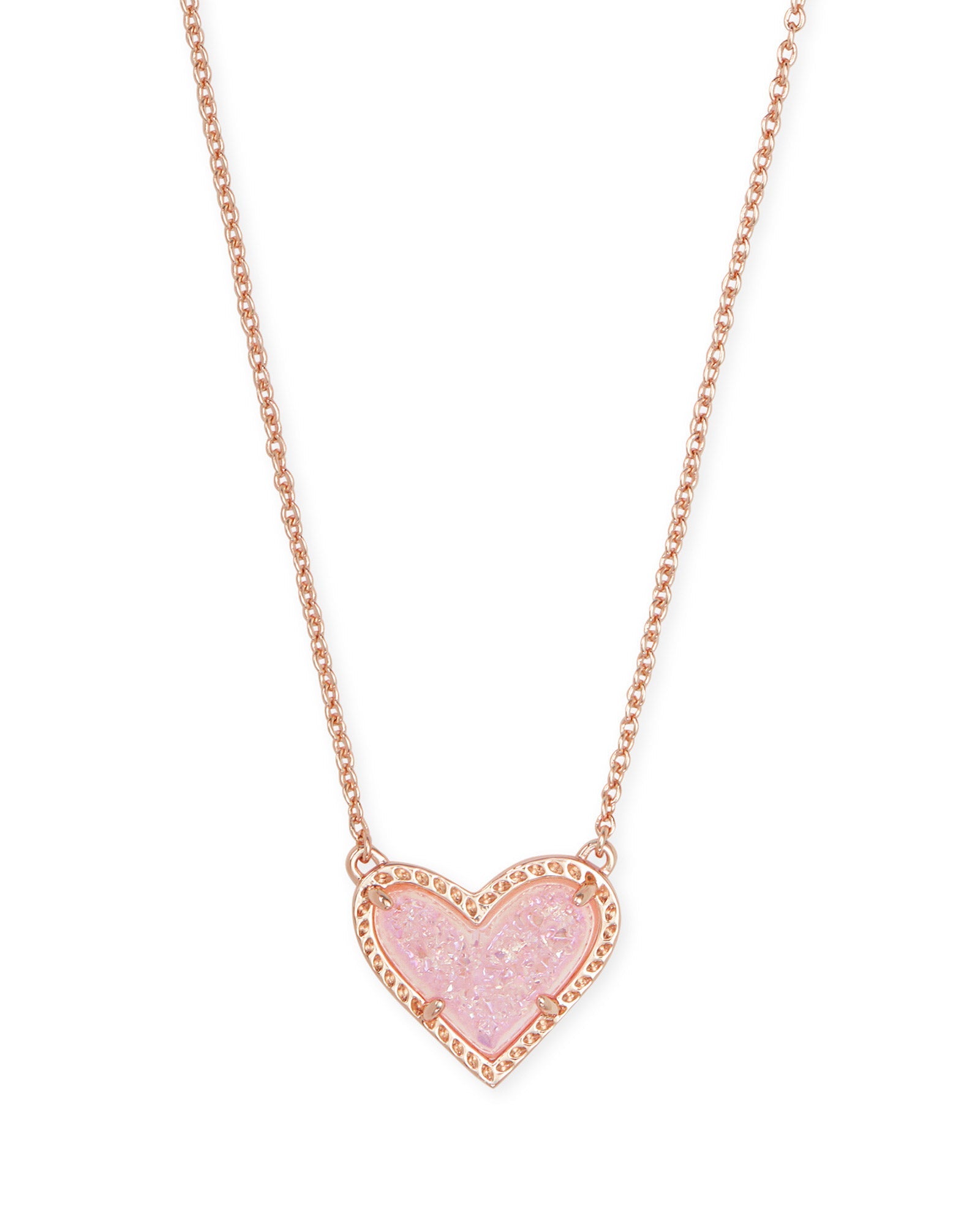 Ari Heart Short Pendant Necklace in Rose Gold Pink Drusy