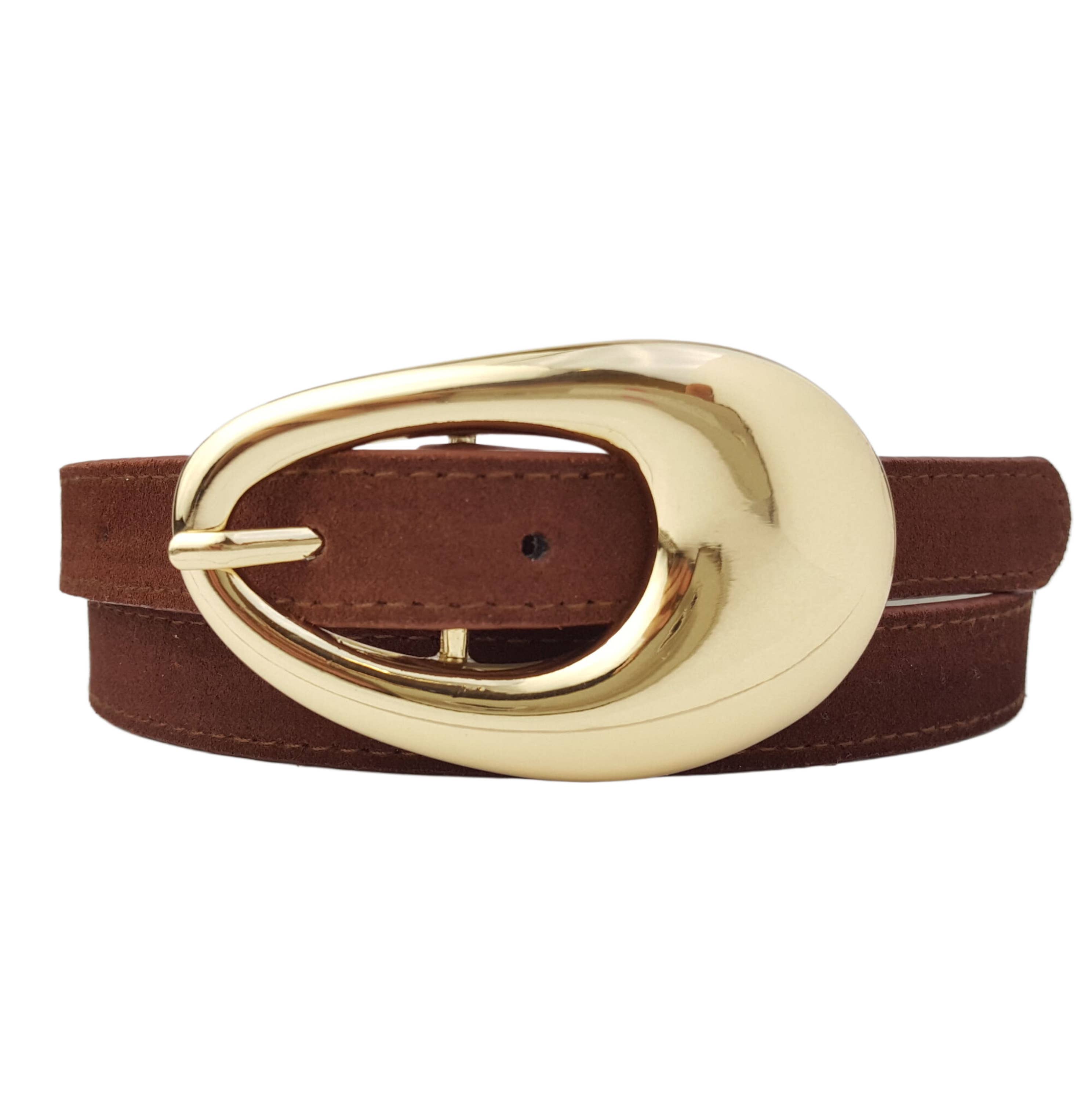 Genuine Suede Belt with Gold Tear Drop Buckle: Brown