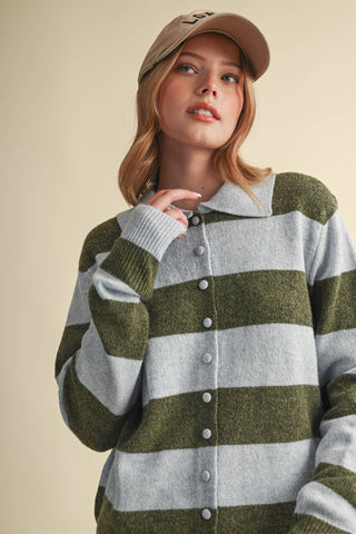 Em Sweater striped button-down cardigan in powder blue and olive, close-up