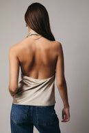 HIGH COWL NECK HALTER SATIN TOP: HUNTER GREEN