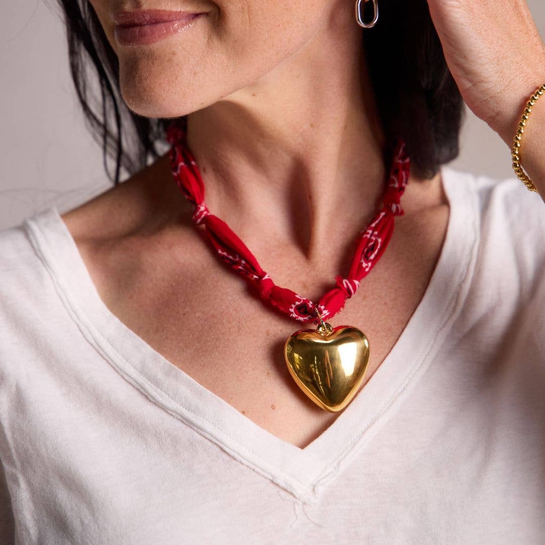Red Bandana Necklace: Gold Oversized Heart Charm / Red