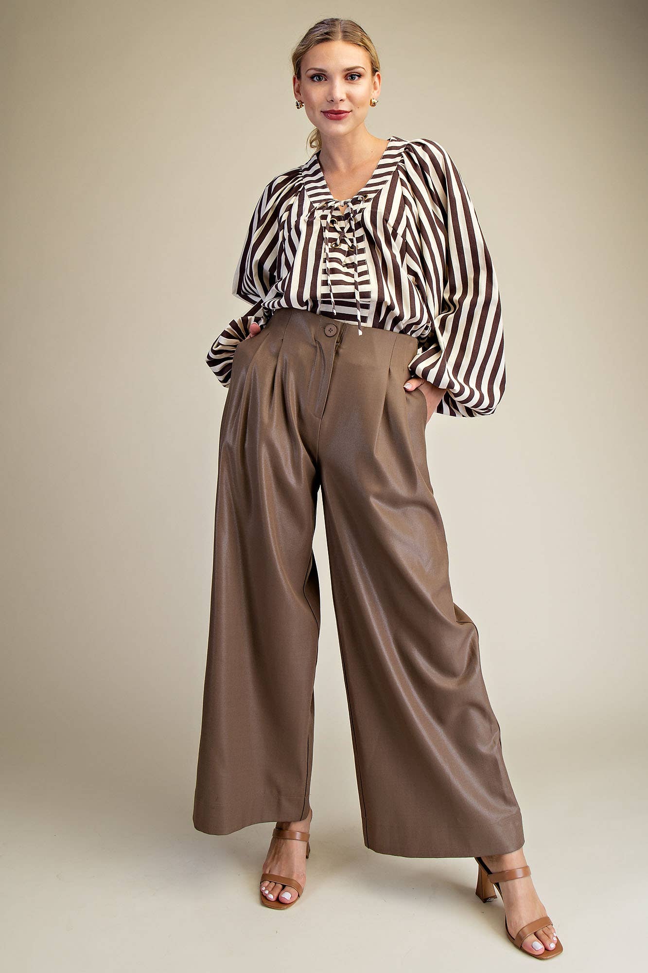 Dolman Lace-Up Blouse: Brown