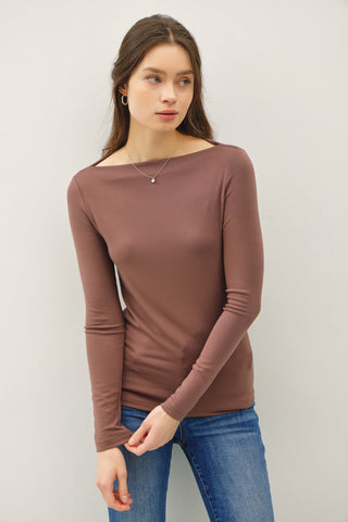 Basic Boat Neck Long Sleeve Brown - Sugar Co.