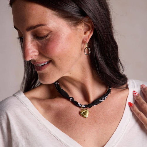 Black Bandana Necklace: Gold Oversized Heart Charm Black - Sugar Co.