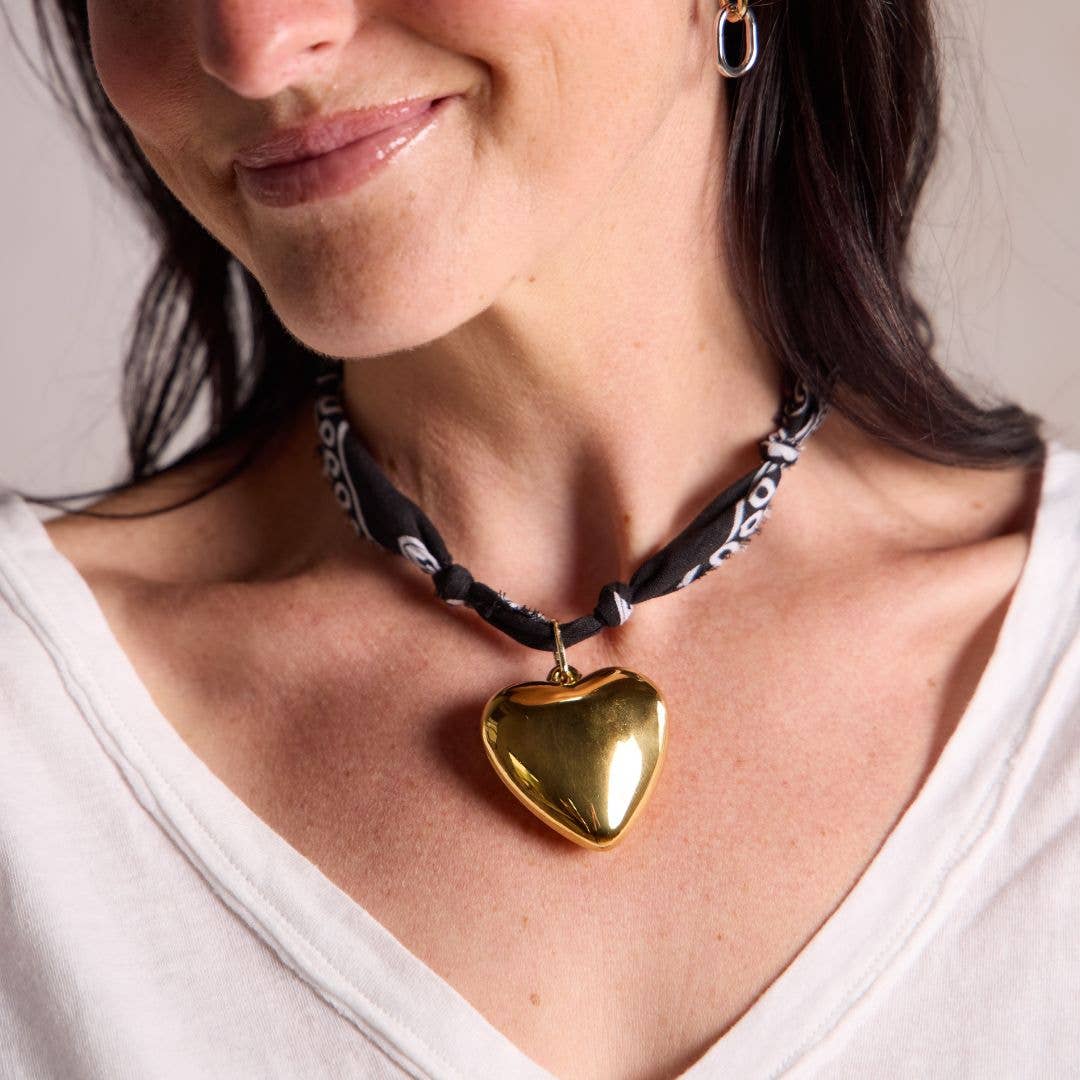 Black Bandana Necklace: Gold Oversized Heart Charm Black - Sugar Co.