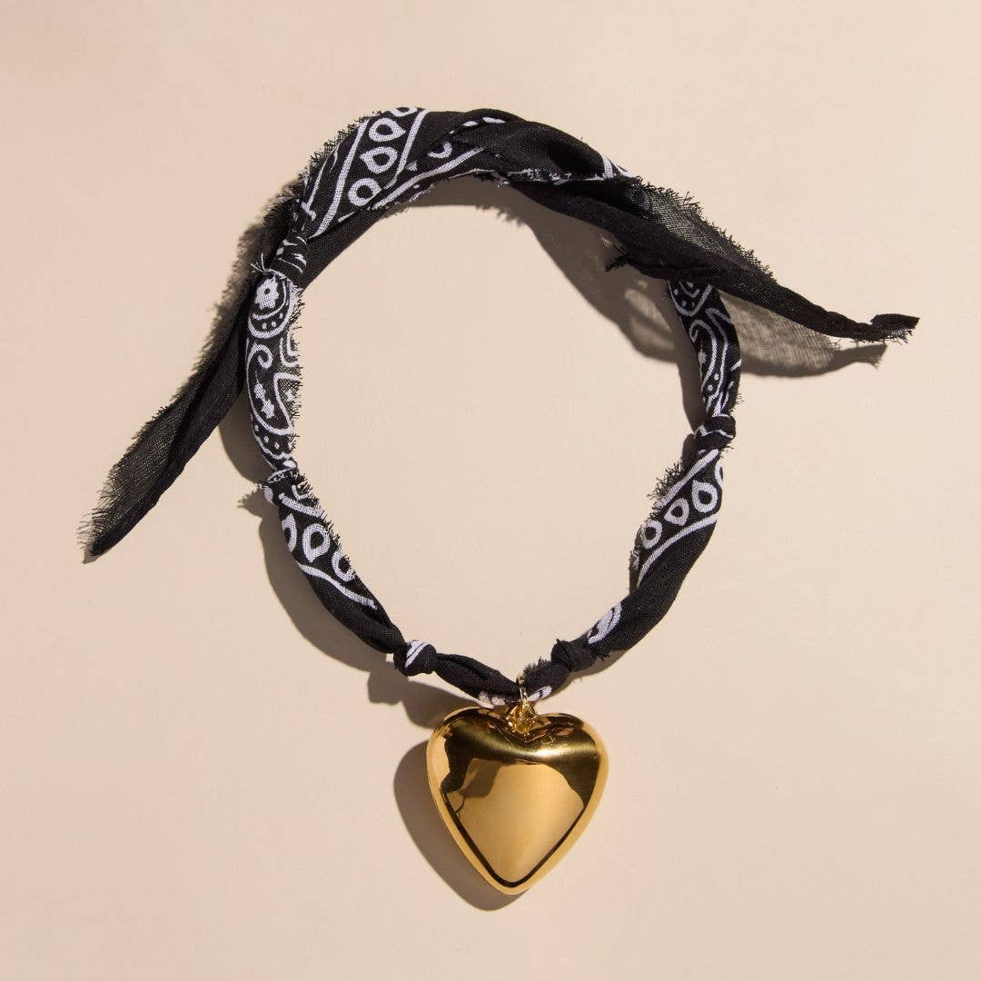 Black Bandana Necklace: Gold Oversized Heart Charm Black