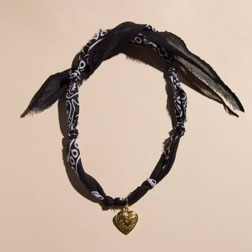 Black Bandana Necklace: Gold Oversized Heart Charm Black - Sugar Co.