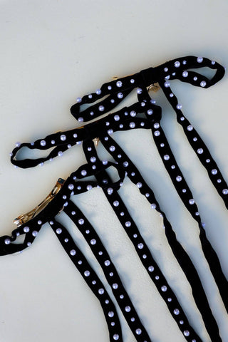 BLACK SKINNY VELVET PEARL BOW - Sugar Co.