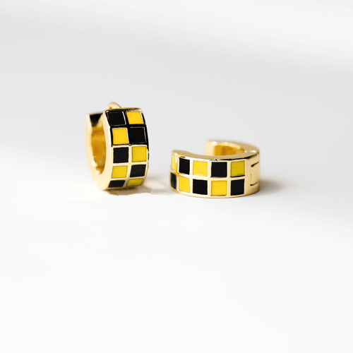 Black & Yellow Checkered Enamel Huggies - Sugar Co.