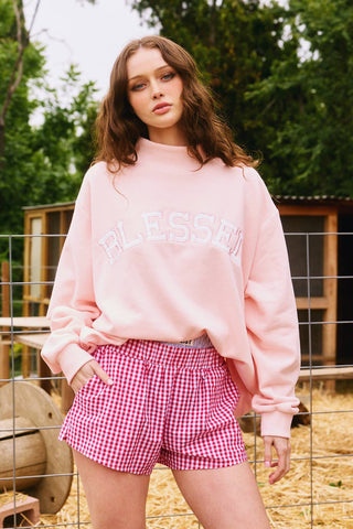 'BLESSED' Embroidered Mockneck Sweatshirt - Sugar Co.