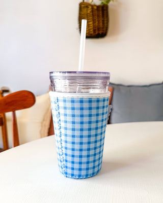 Blue Gingham | Reusable Coffee Sleeve: Small (16 - 20oz) - Sugar Co.