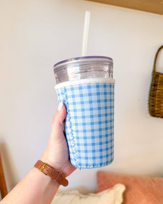 Blue Gingham | Reusable Coffee Sleeve: Small (16 - 20oz) - Sugar Co.