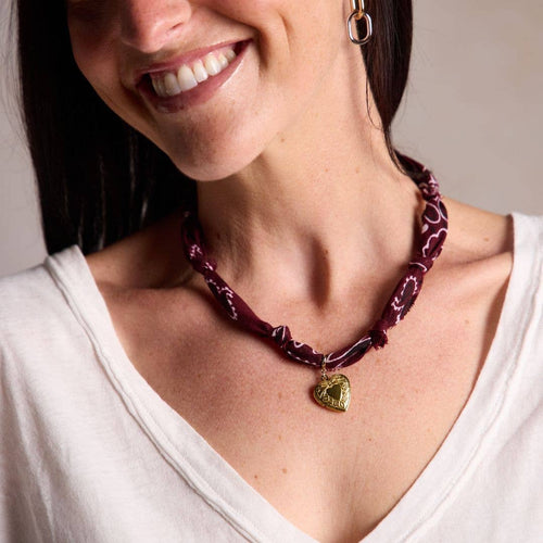 Burgundy Bandana Necklace: Gold Sunburst Heart Charm / Burgundy - Sugar Co.