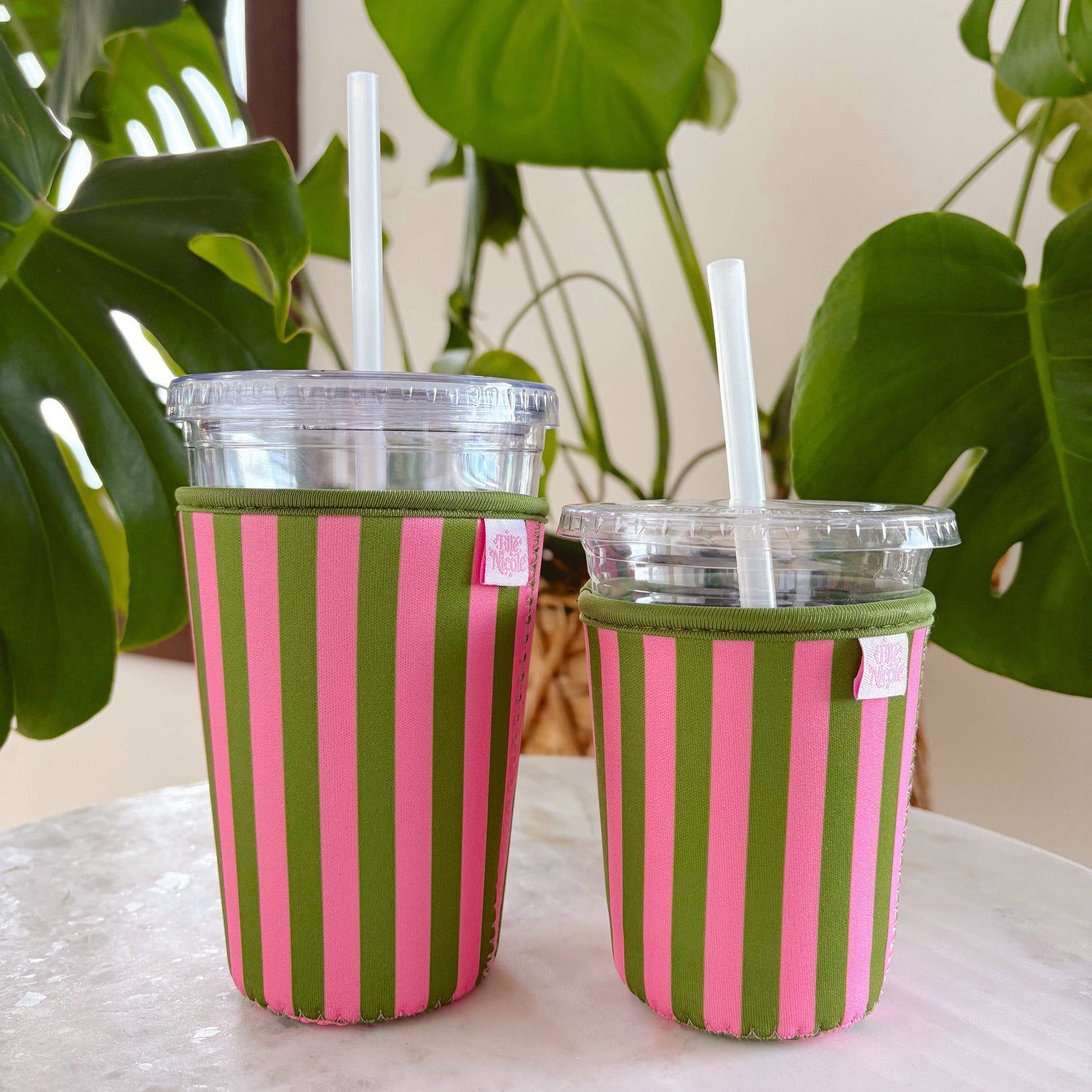 Coffee Cup Cover - Pink & Green - Iced Drink Sleeve: Large 24oz
