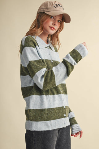 Em Sweater relaxed striped sweater cardigan in powder blue and olive, side view