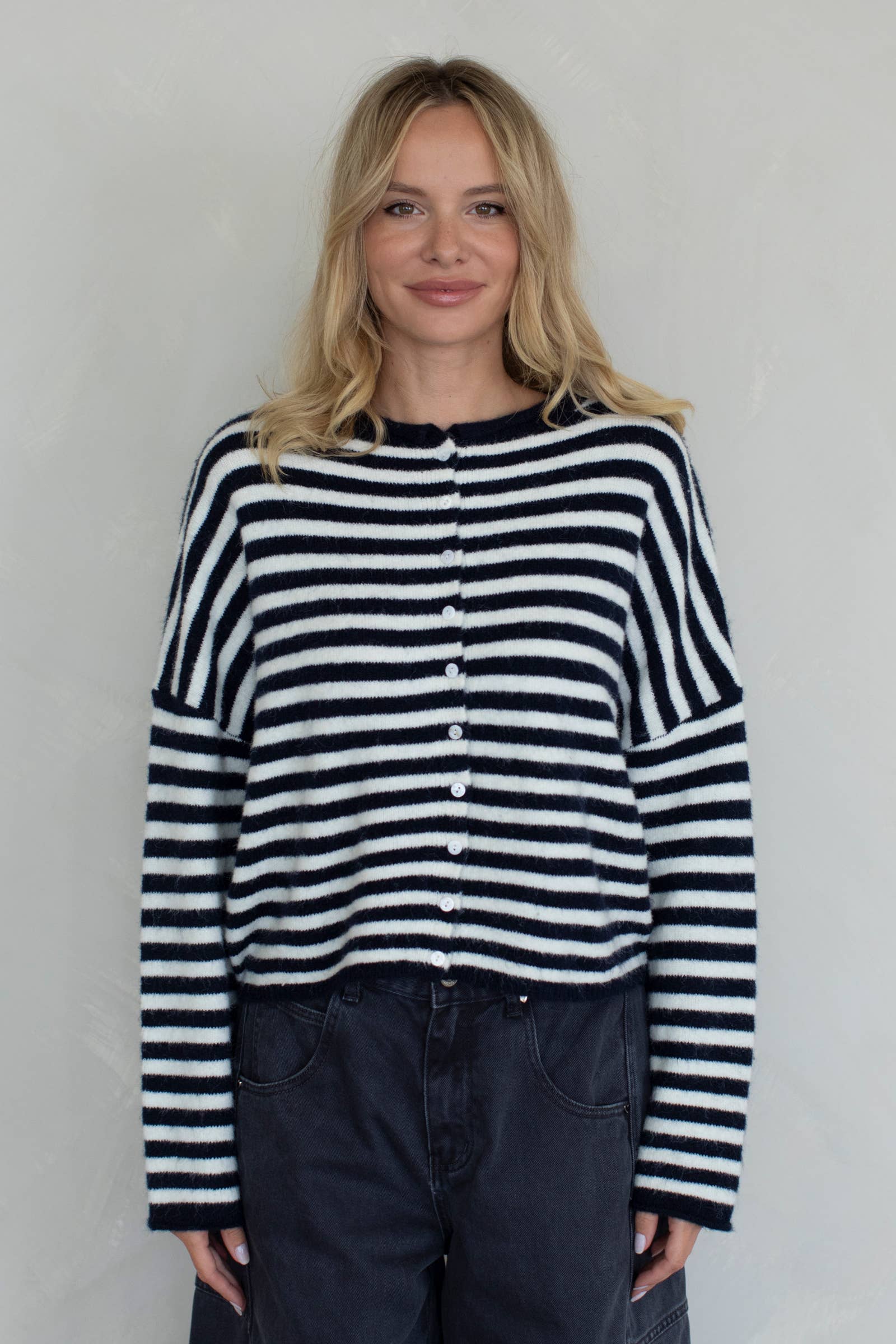 Piper Cardigan - Striped: Ivory-Black