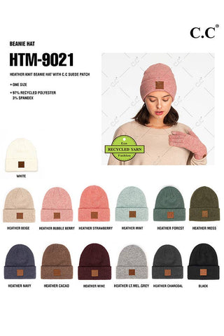 C.C Heather Knit Suede Patch Beanie Winter Hat: Mint - Sugar Co.