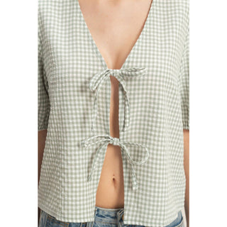 Check Bow Blouse Sage - Sugar Co.
