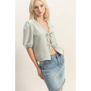 Check Bow Blouse Sage - Sugar Co.