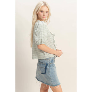 Check Bow Blouse Sage - Sugar Co.