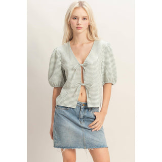 Check Bow Blouse Sage - Sugar Co.