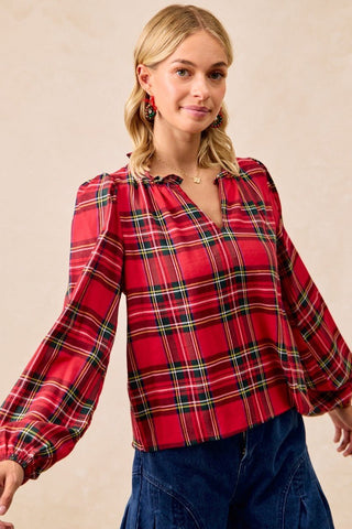 Christmas Plaid Balloon Sleeves Ruffled V - neck Top - Sugar Co.