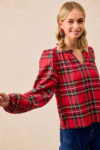 Christmas Plaid Balloon Sleeves Ruffled V - neck Top - Sugar Co.