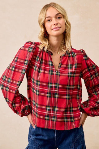 Christmas Plaid Balloon Sleeves Ruffled V - neck Top - Sugar Co.