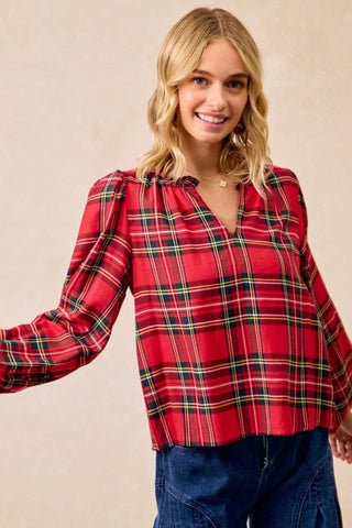 Christmas Plaid Balloon Sleeves Ruffled V - neck Top - Sugar Co.