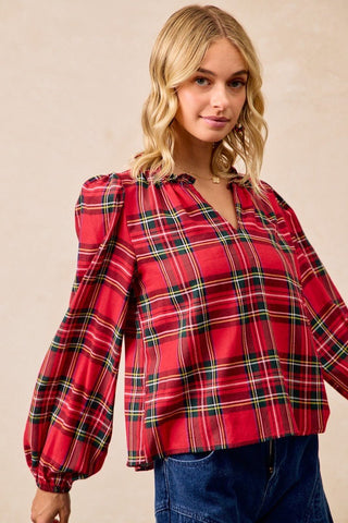 Christmas Plaid Balloon Sleeves Ruffled V - neck Top - Sugar Co.