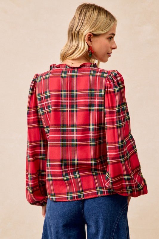 Christmas Plaid Balloon Sleeves Ruffled V-neck Top