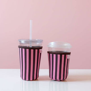 Coffee Cup Cover - Chocolate Strawberry Stripes - Iced Drink Sleeve: Large 24oz - Sugar Co.