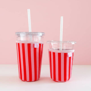 Coffee Cup Cover - Pink & Red Stripes - Iced Drink Sleeve: Small 16oz - Sugar Co.