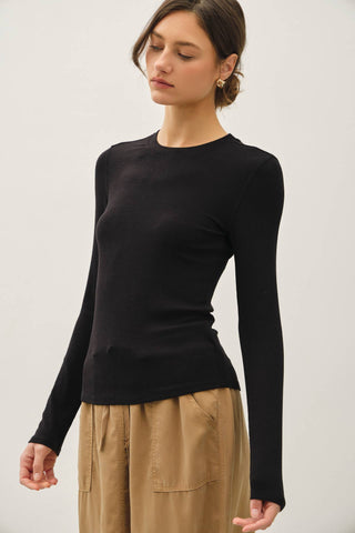 Core Ribbed Crewneck Long Sleeve Black - Sugar Co.