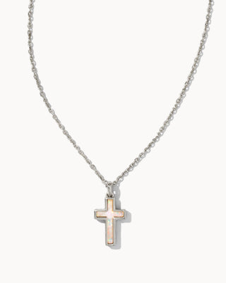 Cross Pendant Rhodium Necklace White Kyocera Opal - Sugar Co.