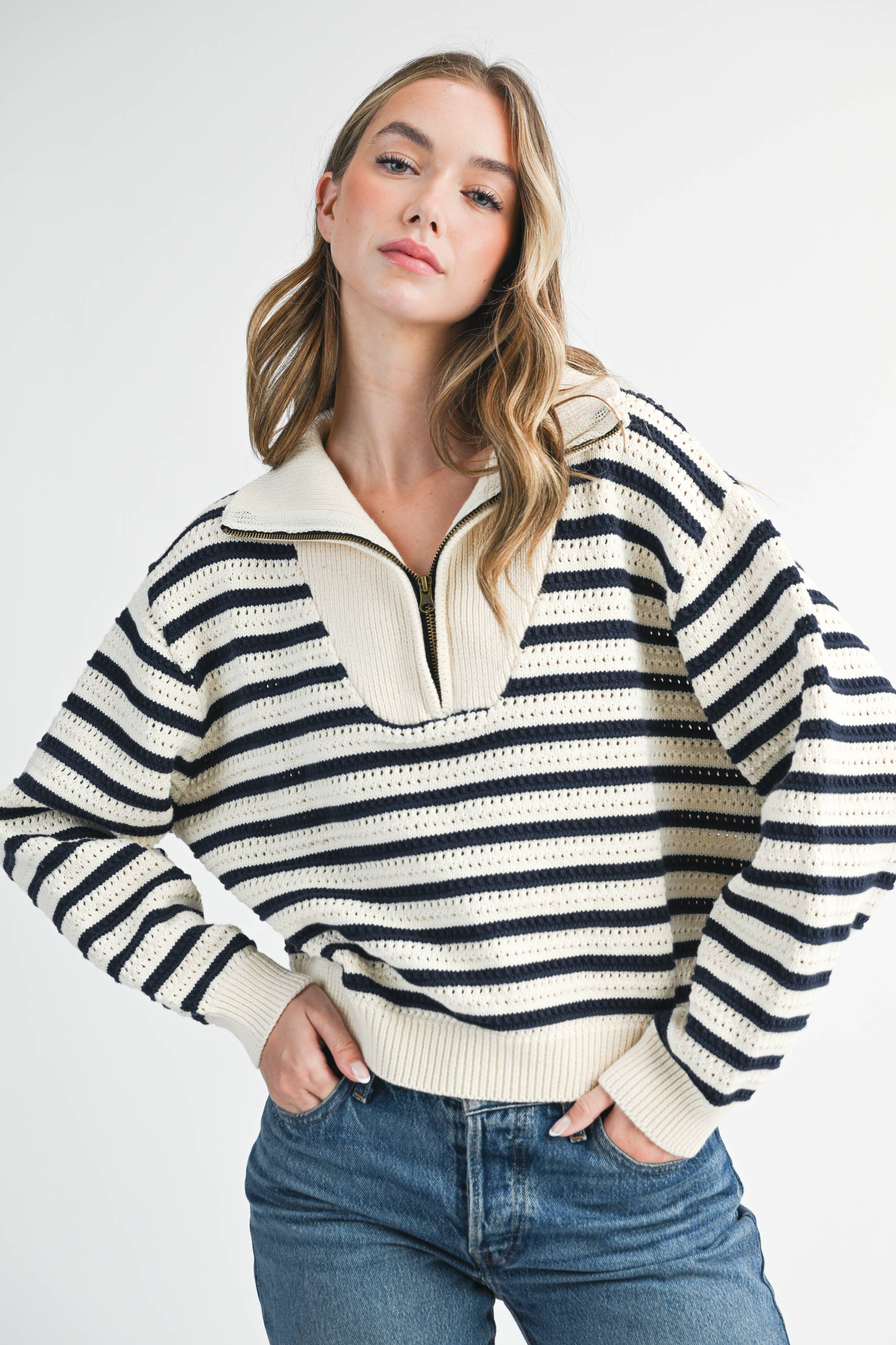 Half-Zip Pointelle Stripe Sweater