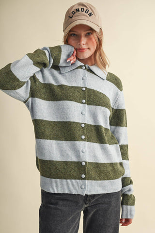 Em Sweater striped collared cardigan in powder blue and olive, front view